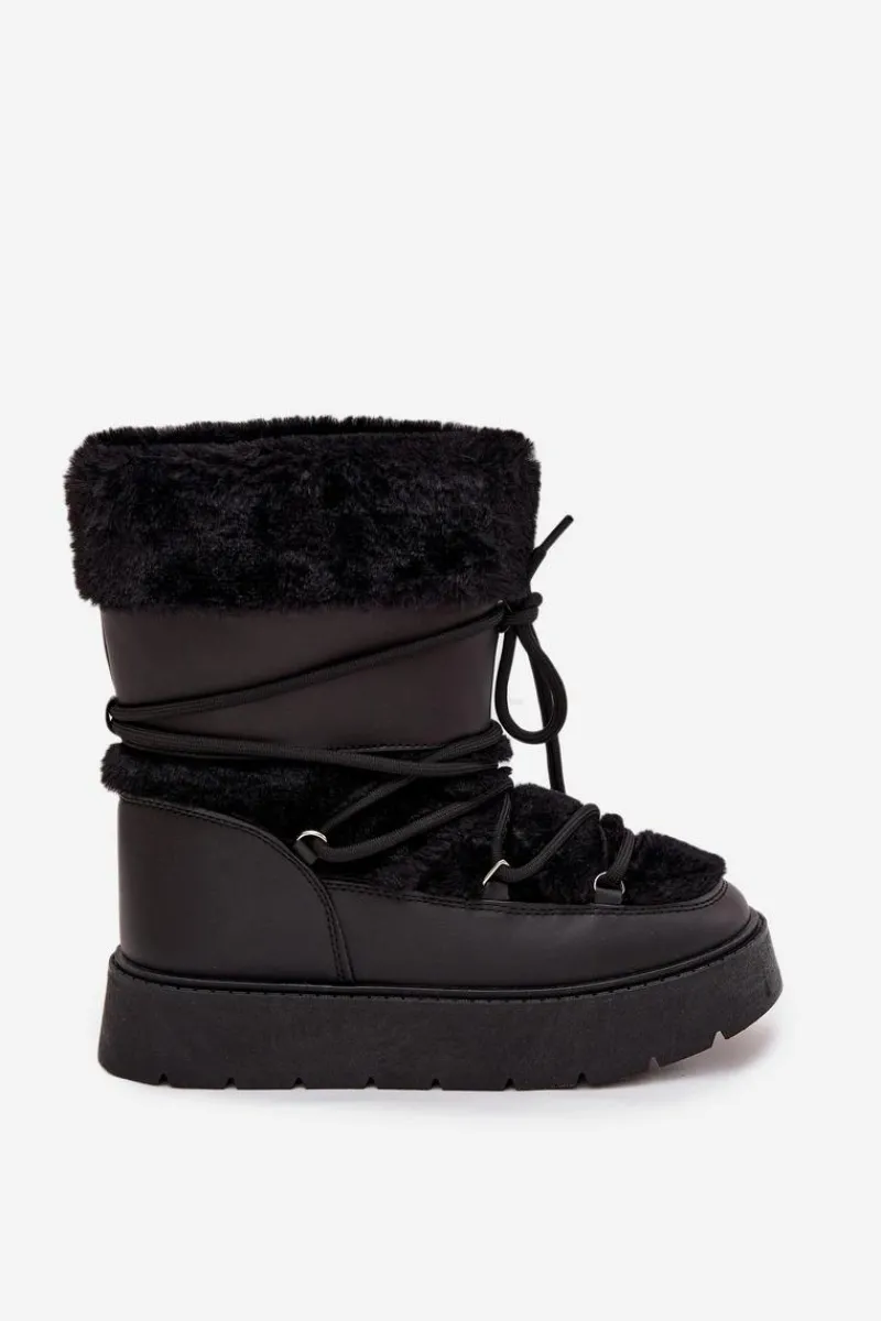 Śniegowce Damskie Z Futerkiem I Wiązaniem Na Platformie Czarne Marinna Damskie Śniegowce Damskie