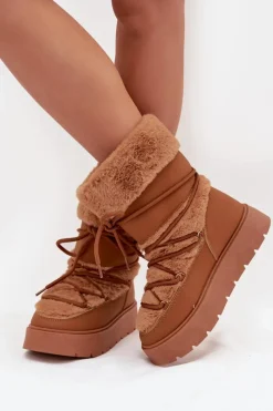 Śniegowce Damskie>Boto Śniegowce Damskie Z Futerkiem I Wiązaniem Na Platformie Camel Marinna Brązowy
