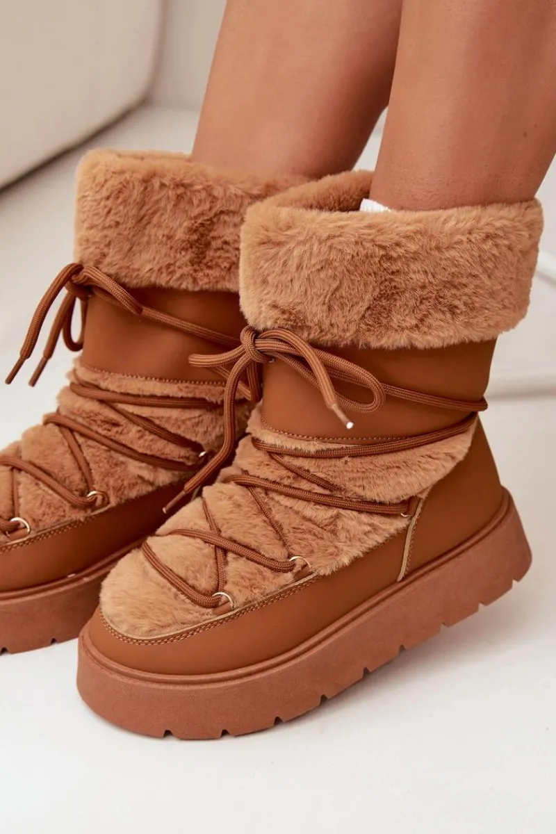 Śniegowce Damskie>Boto Śniegowce Damskie Z Futerkiem I Wiązaniem Na Platformie Camel Marinna Brązowy