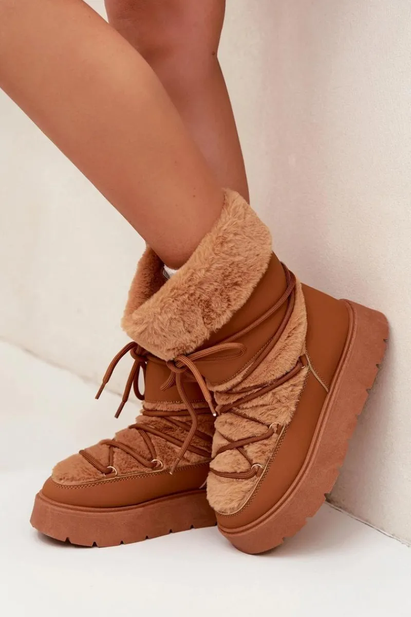 Śniegowce Damskie>Boto Śniegowce Damskie Z Futerkiem I Wiązaniem Na Platformie Camel Marinna Brązowy