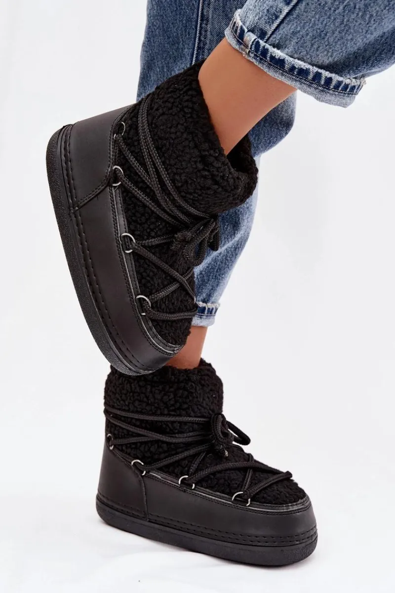 Śniegowce Damskie Z Futerkiem Typu Baranek Wiązane Czarne Belira Damskie Śniegowce Damskie