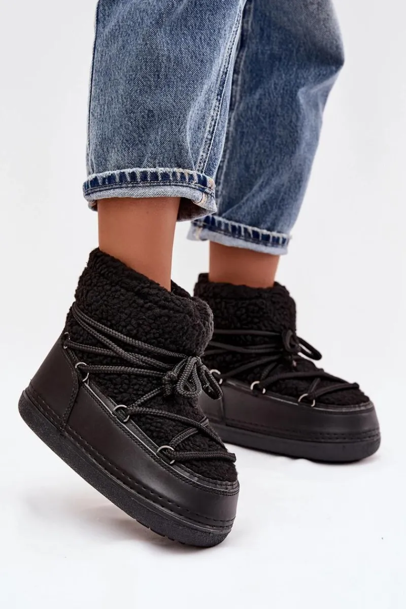 Śniegowce Damskie Z Futerkiem Typu Baranek Wiązane Czarne Belira Damskie Śniegowce Damskie