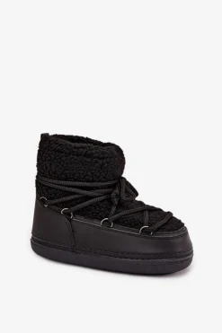 Śniegowce Damskie Z Futerkiem Typu Baranek Wiązane Czarne Belira Damskie Śniegowce Damskie