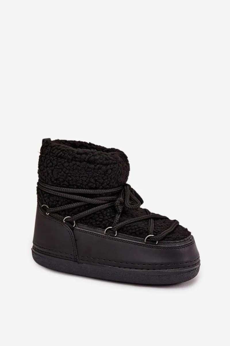 Śniegowce Damskie Z Futerkiem Typu Baranek Wiązane Czarne Belira Damskie Śniegowce Damskie