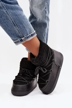 Śniegowce Damskie Z Futerkiem Typu Baranek Wiązane Czarne Belira Damskie Śniegowce Damskie