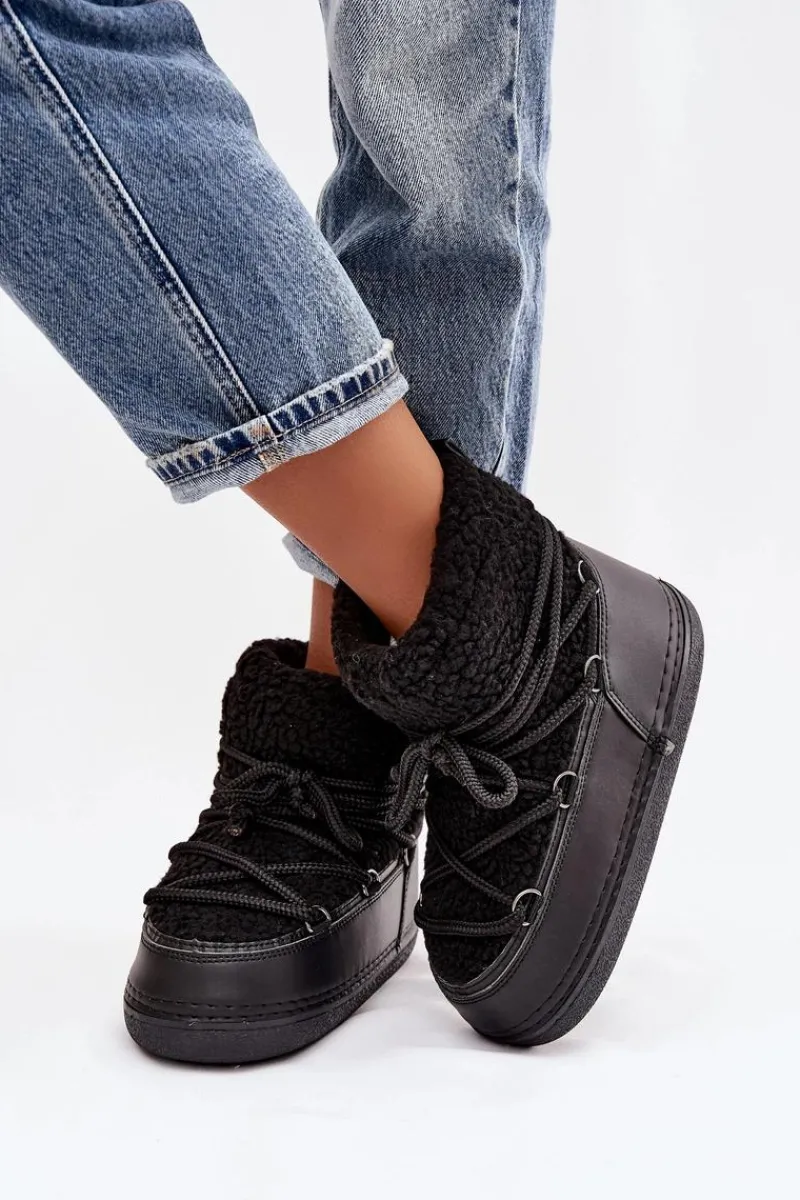 Śniegowce Damskie Z Futerkiem Typu Baranek Wiązane Czarne Belira Damskie Śniegowce Damskie