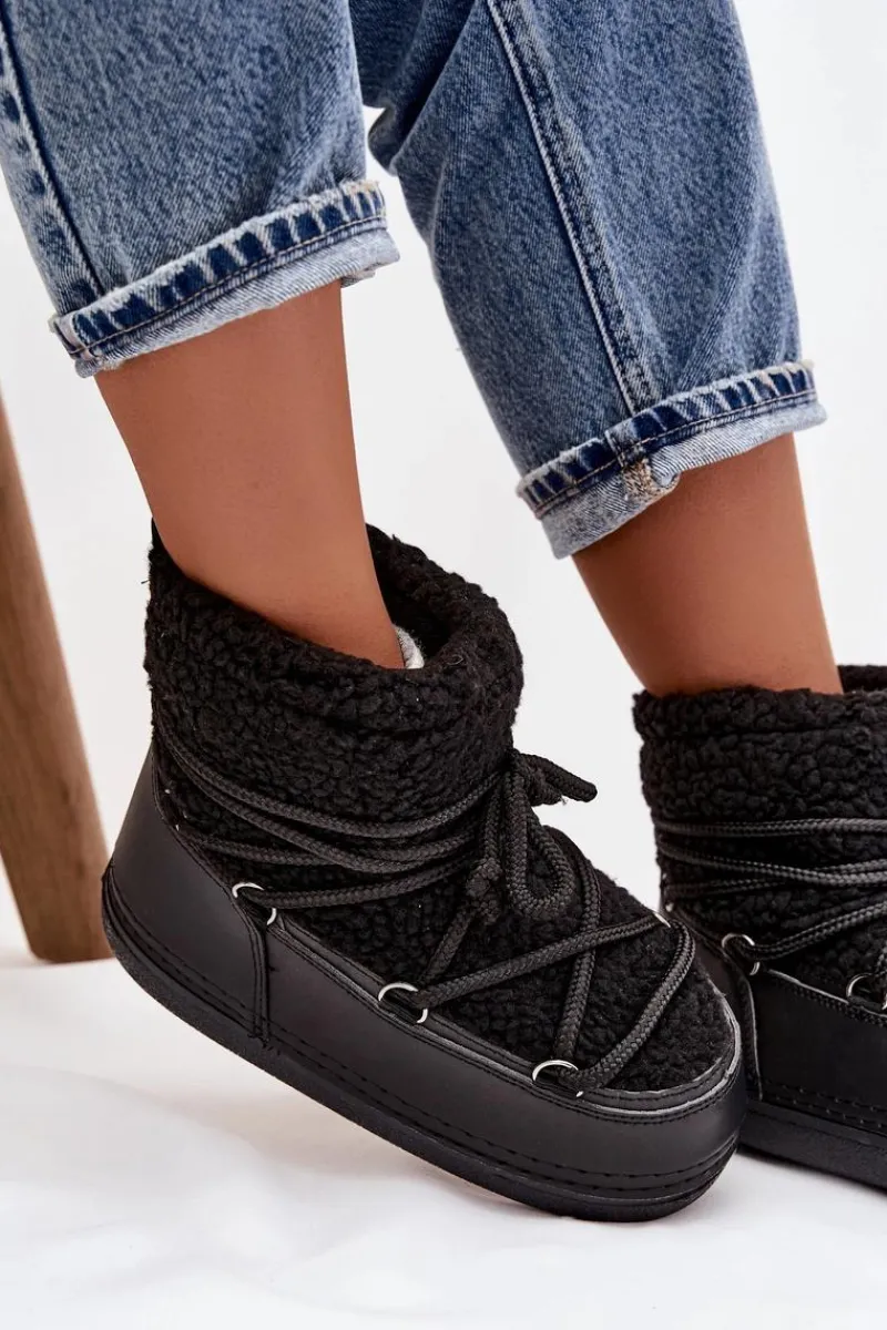 Śniegowce Damskie Z Futerkiem Typu Baranek Wiązane Czarne Belira Damskie Śniegowce Damskie