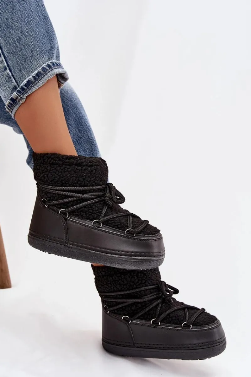 Śniegowce Damskie Z Futerkiem Typu Baranek Wiązane Czarne Belira Damskie Śniegowce Damskie