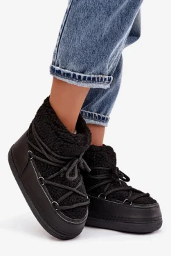 Śniegowce Damskie Z Futerkiem Typu Baranek Wiązane Czarne Belira Damskie Śniegowce Damskie