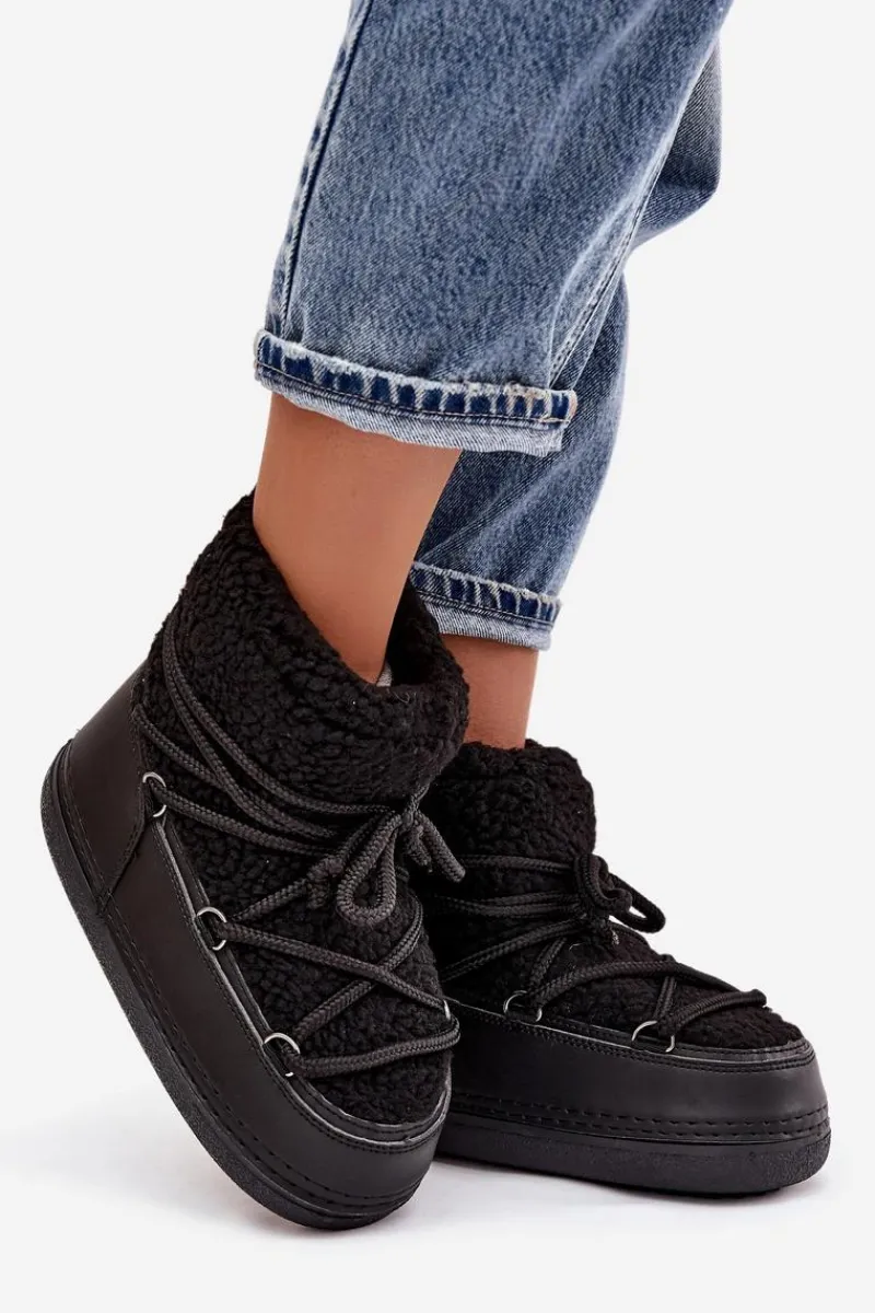 Śniegowce Damskie Z Futerkiem Typu Baranek Wiązane Czarne Belira Damskie Śniegowce Damskie