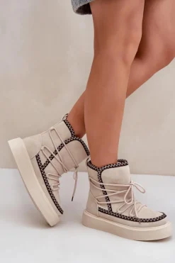 Śniegowce Damskie>Boto Śniegowce Damskie Z Haftem Na Platformie Jasnobeżowe Naleris Beżowy