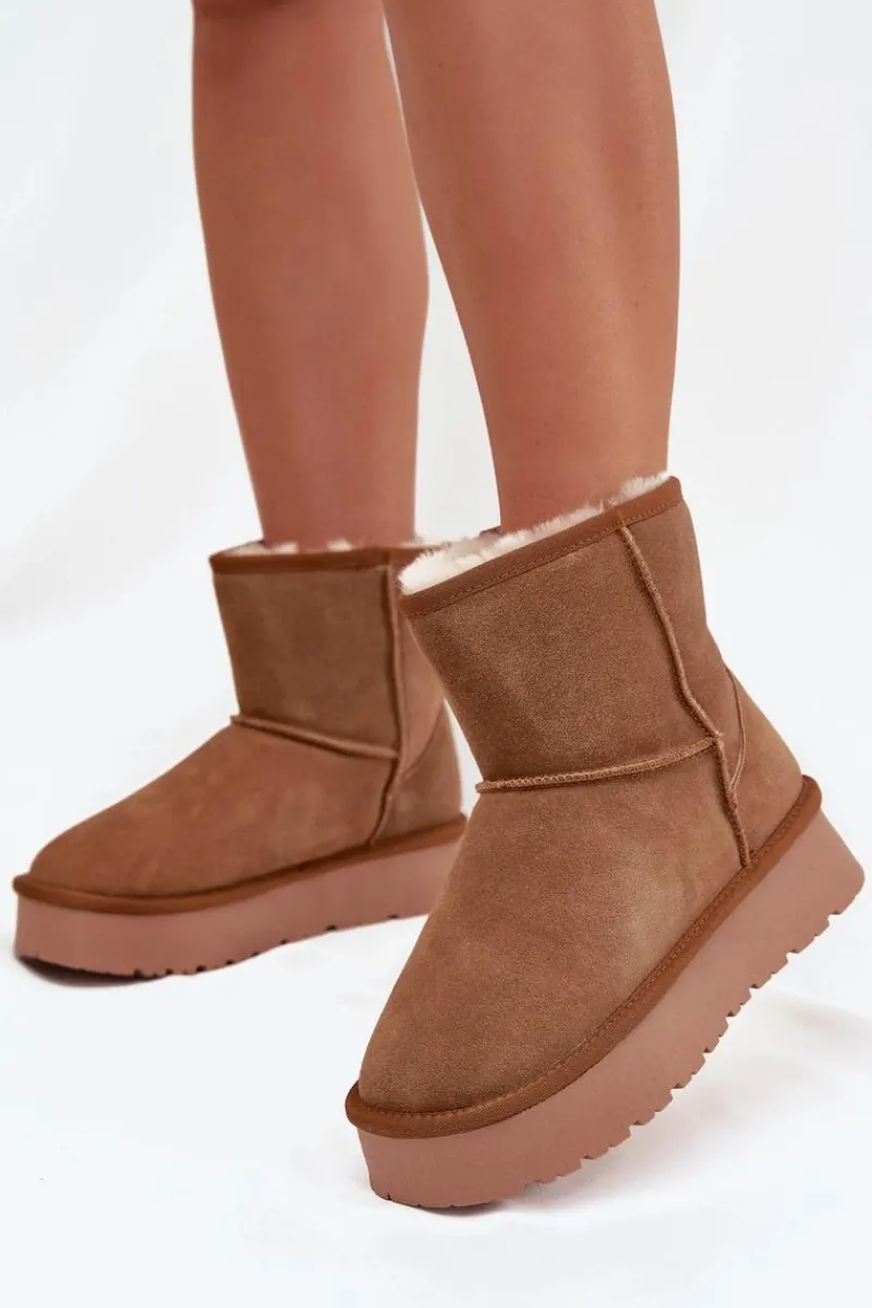 Śniegowce Damskie>Boto Śniegowce Damskie Z Naturalnego Zamszu Na Platformie Camel Privine Brązowy