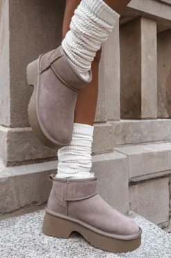 Śniegowce Damskie>Boto Śniegowce Damskie Z Naturalnego Zamszu Ocieplane Futerkiem Khaki Milora Beżowy