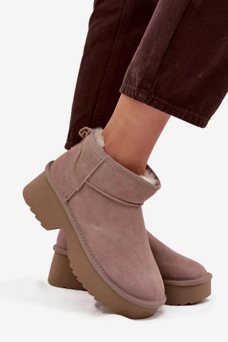 Śniegowce Damskie>Boto Śniegowce Damskie Z Naturalnego Zamszu Ocieplane Futerkiem Khaki Milora Beżowy