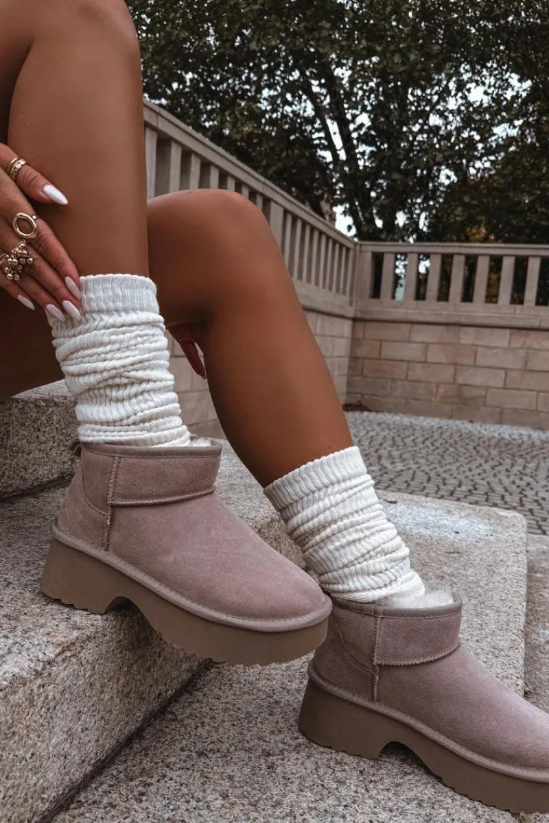 Śniegowce Damskie>Boto Śniegowce Damskie Z Naturalnego Zamszu Ocieplane Futerkiem Khaki Milora Beżowy