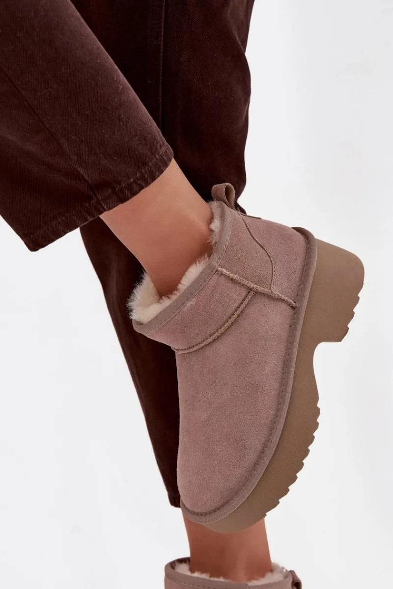 Śniegowce Damskie>Boto Śniegowce Damskie Z Naturalnego Zamszu Ocieplane Futerkiem Khaki Milora Beżowy