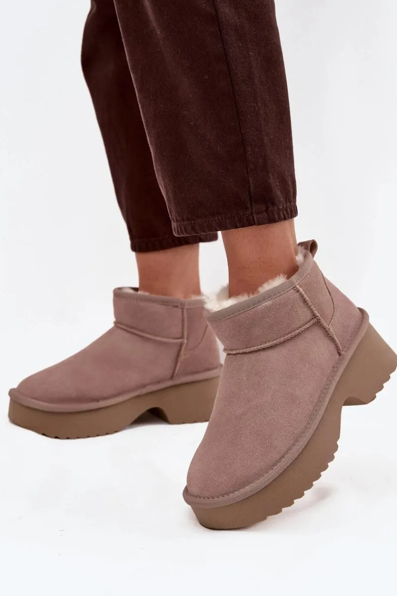 Śniegowce Damskie>Boto Śniegowce Damskie Z Naturalnego Zamszu Ocieplane Futerkiem Khaki Milora Beżowy