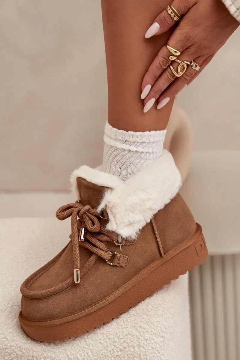 Śniegowce Damskie>D.Franklin Śniegowce Damskie Z Naturalnego Zamszu DFSH375006 Camel Brązowy