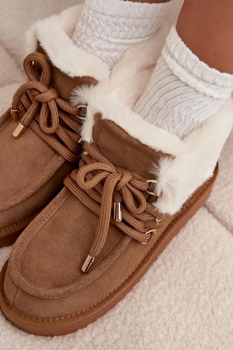 Śniegowce Damskie>D.Franklin Śniegowce Damskie Z Naturalnego Zamszu DFSH375006 Camel Brązowy