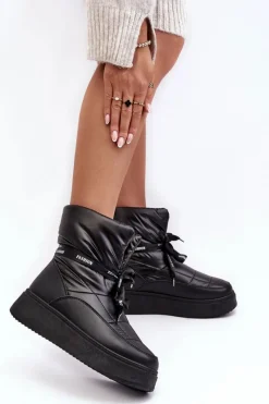 Sale Śniegowce Damskie Z Ozdobnym Wiązaniem Czarne Siracna Damskie Śniegowce Damskie