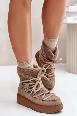 Śniegowce Damskie>Boto Śniegowce Damskie Z Przypinkami I Futerkiem Typu Baranek Brązowe Almatiza