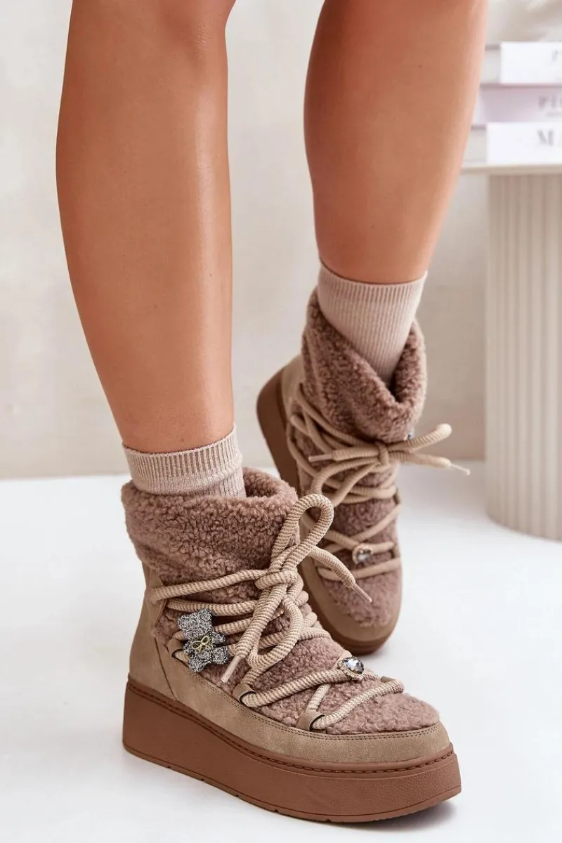 Śniegowce Damskie>Boto Śniegowce Damskie Z Przypinkami I Futerkiem Typu Baranek Brązowe Almatiza