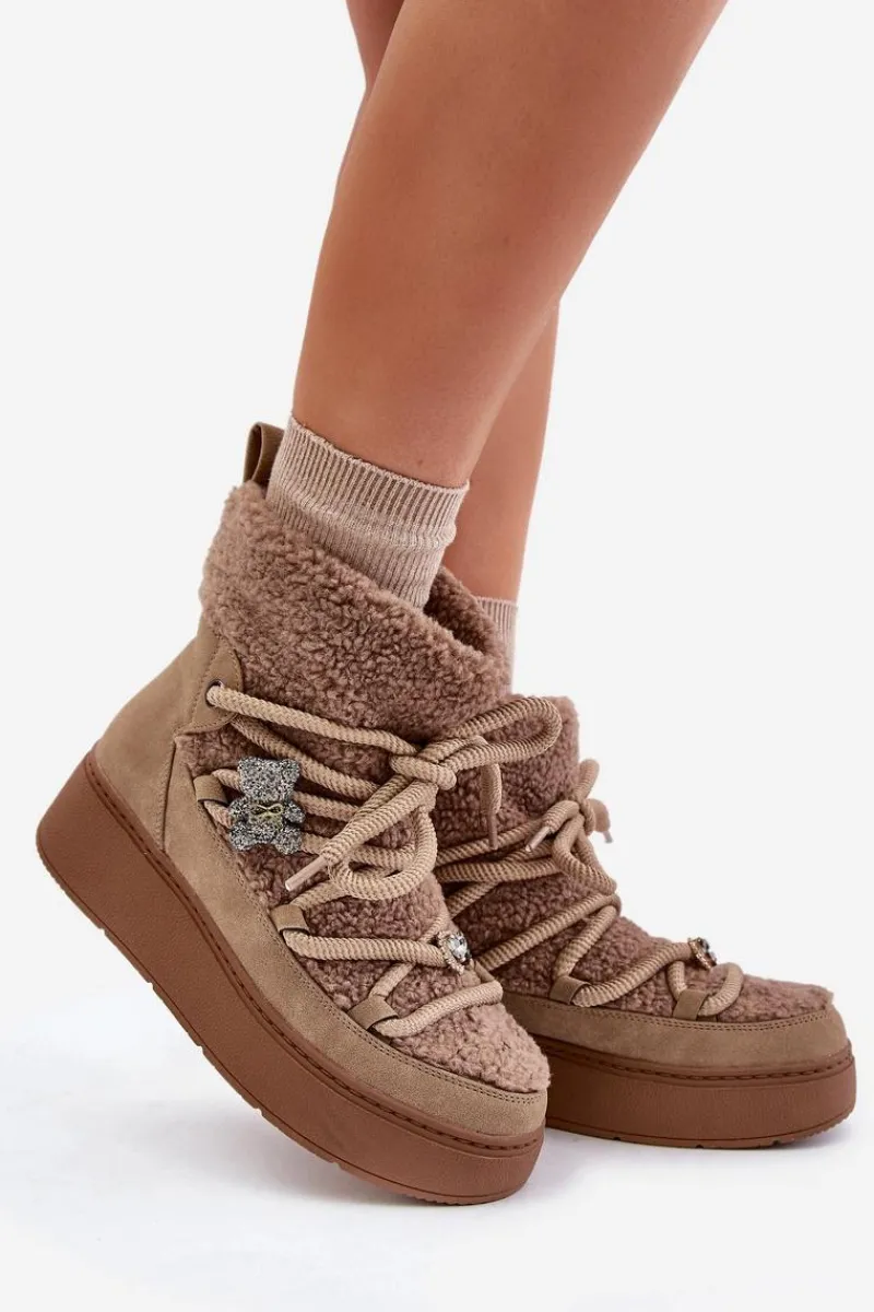 Śniegowce Damskie>Boto Śniegowce Damskie Z Przypinkami I Futerkiem Typu Baranek Brązowe Almatiza