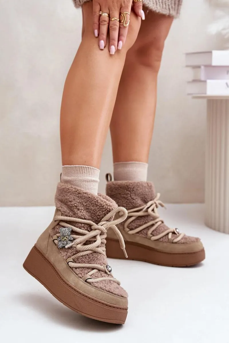 Śniegowce Damskie>Boto Śniegowce Damskie Z Przypinkami I Futerkiem Typu Baranek Brązowe Almatiza