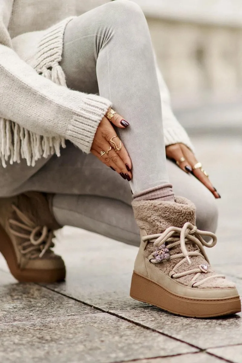 Śniegowce Damskie>Boto Śniegowce Damskie Z Przypinkami I Futerkiem Typu Baranek Brązowe Almatiza