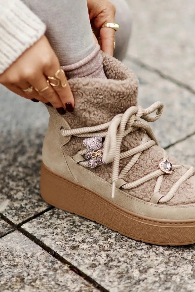 Śniegowce Damskie>Boto Śniegowce Damskie Z Przypinkami I Futerkiem Typu Baranek Brązowe Almatiza