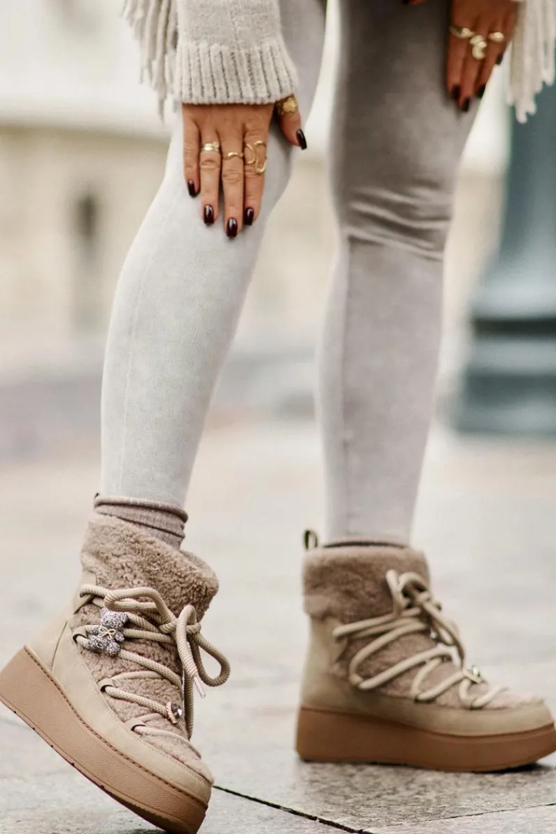 Śniegowce Damskie>Boto Śniegowce Damskie Z Przypinkami I Futerkiem Typu Baranek Brązowe Almatiza