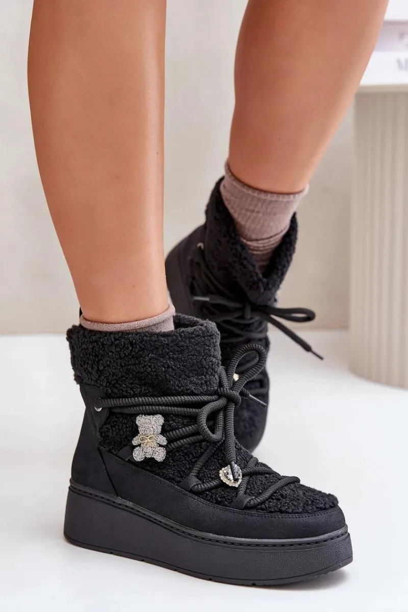 Boto Śniegowce Damskie Z Przypinkami I Futerkiem Typu Baranek Czarne Almatiza