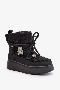 Boto Śniegowce Damskie Z Przypinkami I Futerkiem Typu Baranek Czarne Almatiza