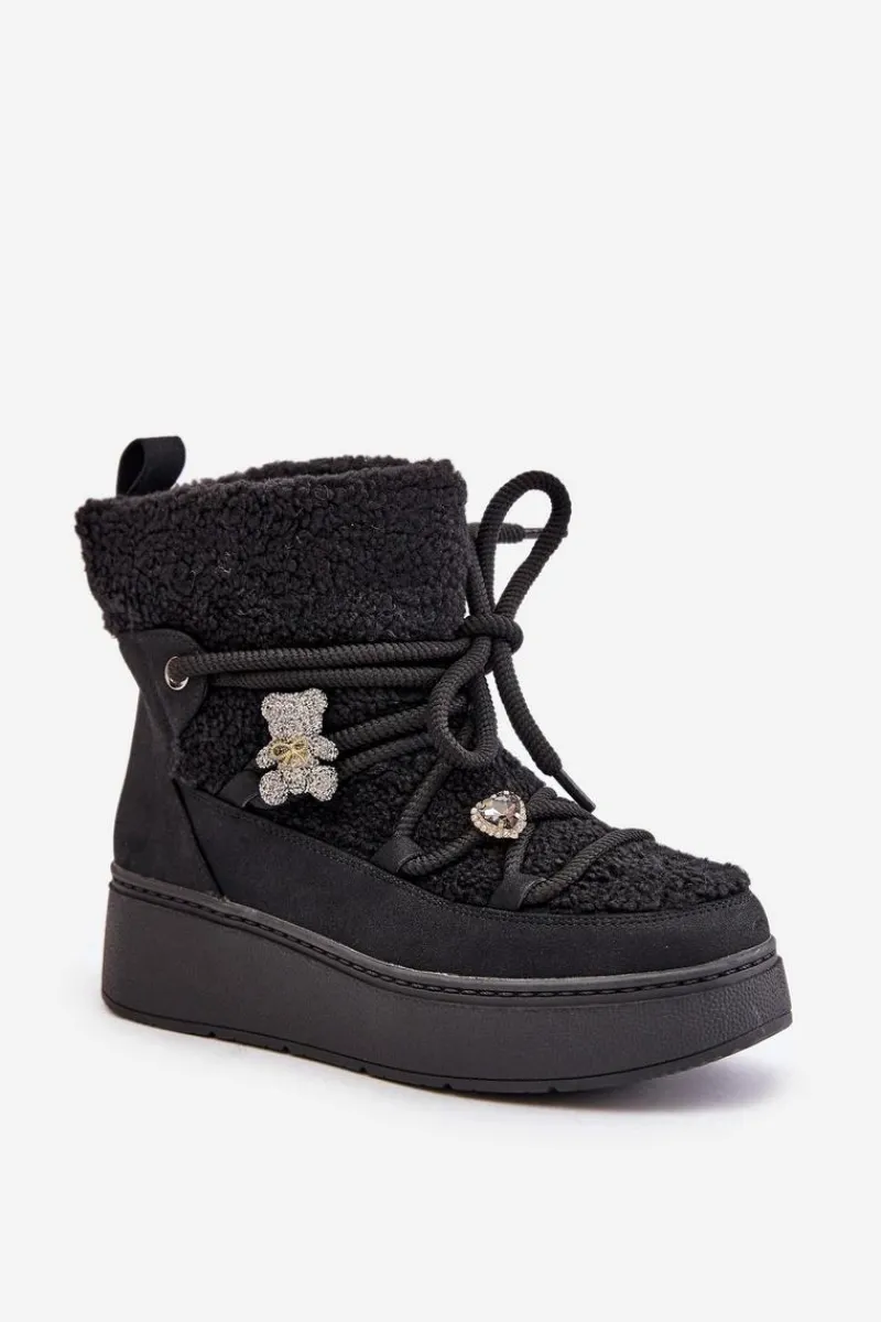 Boto Śniegowce Damskie Z Przypinkami I Futerkiem Typu Baranek Czarne Almatiza