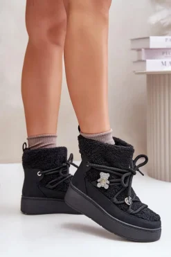 Boto Śniegowce Damskie Z Przypinkami I Futerkiem Typu Baranek Czarne Almatiza