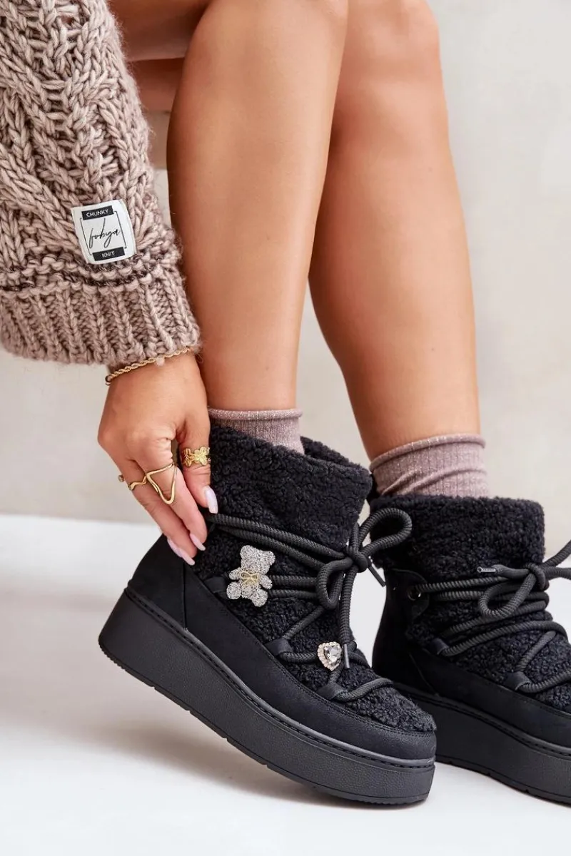 Boto Śniegowce Damskie Z Przypinkami I Futerkiem Typu Baranek Czarne Almatiza