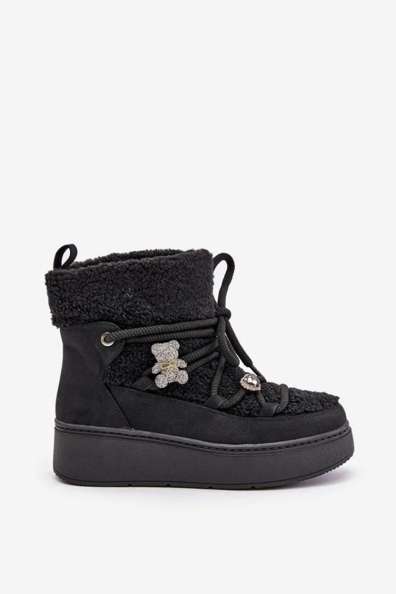 Boto Śniegowce Damskie Z Przypinkami I Futerkiem Typu Baranek Czarne Almatiza