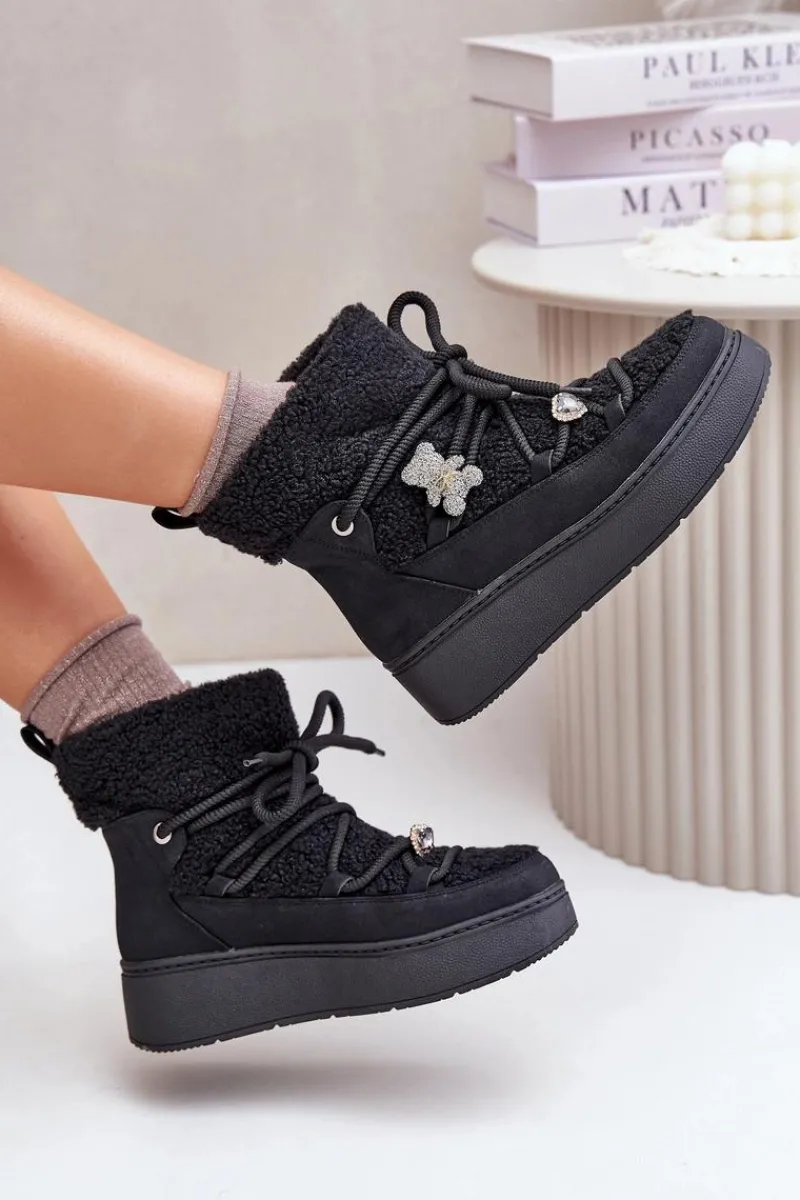 Boto Śniegowce Damskie Z Przypinkami I Futerkiem Typu Baranek Czarne Almatiza
