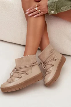 Sale Boto Śniegowce Damskie Z Wiązaniem Beżowe Rebekah