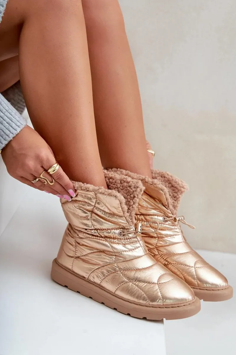 Śniegowce Damskie>Boto Śniegowce Damskie Ze Ściągaczem Ocieplane Futerkiem Typu Baranek Różowe Złoto Vamidra