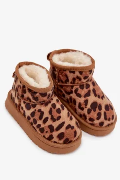 Clearance Boto Śniegowce Dziecięce Młodzieżowe Ocieplane Futerkiem Panterka Brązowe Mireya Brązowy