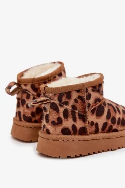 Clearance Boto Śniegowce Dziecięce Młodzieżowe Ocieplane Futerkiem Panterka Brązowe Mireya Brązowy