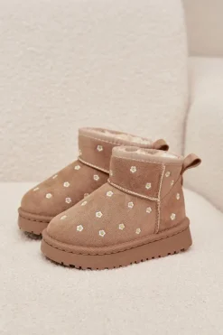 Outlet Boto Śniegowce Dziecięce Ozdobione Kwiatuszkami Beżowe Gracina Beżowy