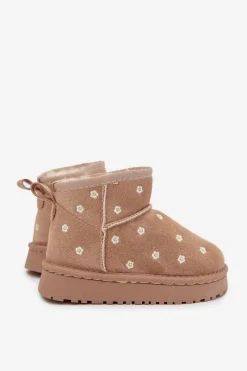 Outlet Boto Śniegowce Dziecięce Ozdobione Kwiatuszkami Beżowe Gracina Beżowy