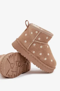 Outlet Boto Śniegowce Dziecięce Ozdobione Kwiatuszkami Beżowe Gracina Beżowy