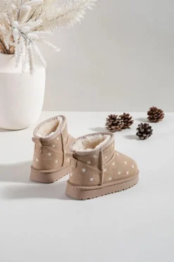 Outlet Boto Śniegowce Dziecięce Ozdobione Kwiatuszkami Beżowe Gracina Beżowy