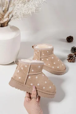 Outlet Boto Śniegowce Dziecięce Ozdobione Kwiatuszkami Beżowe Gracina Beżowy