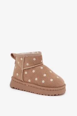 Outlet Boto Śniegowce Dziecięce Ozdobione Kwiatuszkami Beżowe Gracina Beżowy