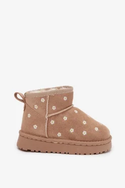 Outlet Boto Śniegowce Dziecięce Ozdobione Kwiatuszkami Beżowe Gracina Beżowy