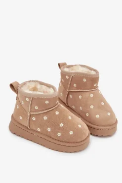 Outlet Boto Śniegowce Dziecięce Ozdobione Kwiatuszkami Beżowe Gracina Beżowy